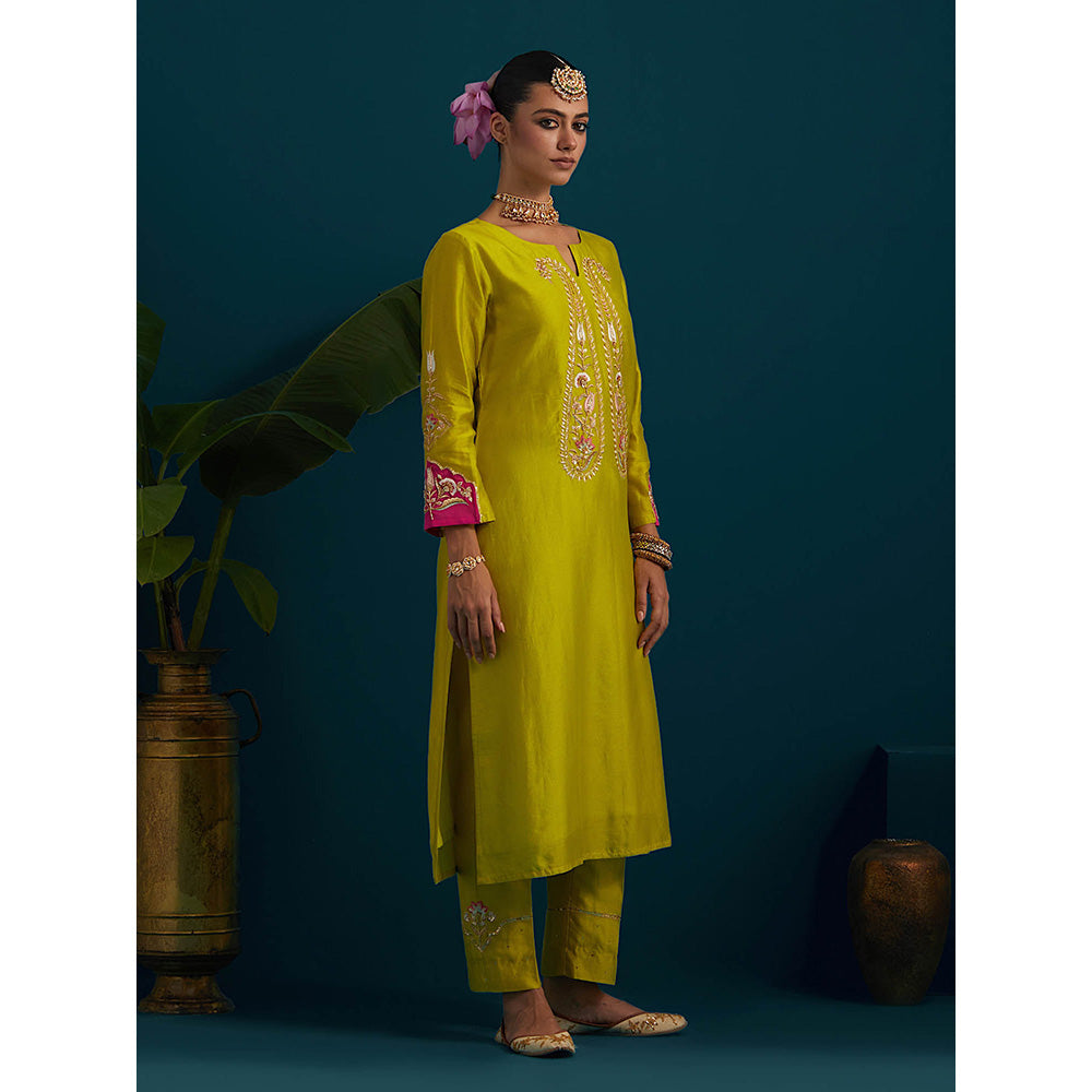 Anantaa by Roohi Trehan Lime Yellow Paisley Yoke Kurta with Pant (Set of 2)