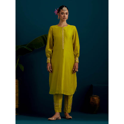 Anantaa by Roohi Trehan Lime Yellow Round Hem Kurta Back Motif with Pant (Set of 2)