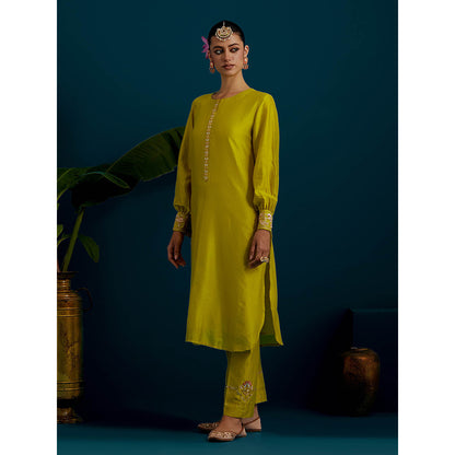 Anantaa by Roohi Trehan Lime Yellow Round Hem Kurta Back Motif with Pant (Set of 2)