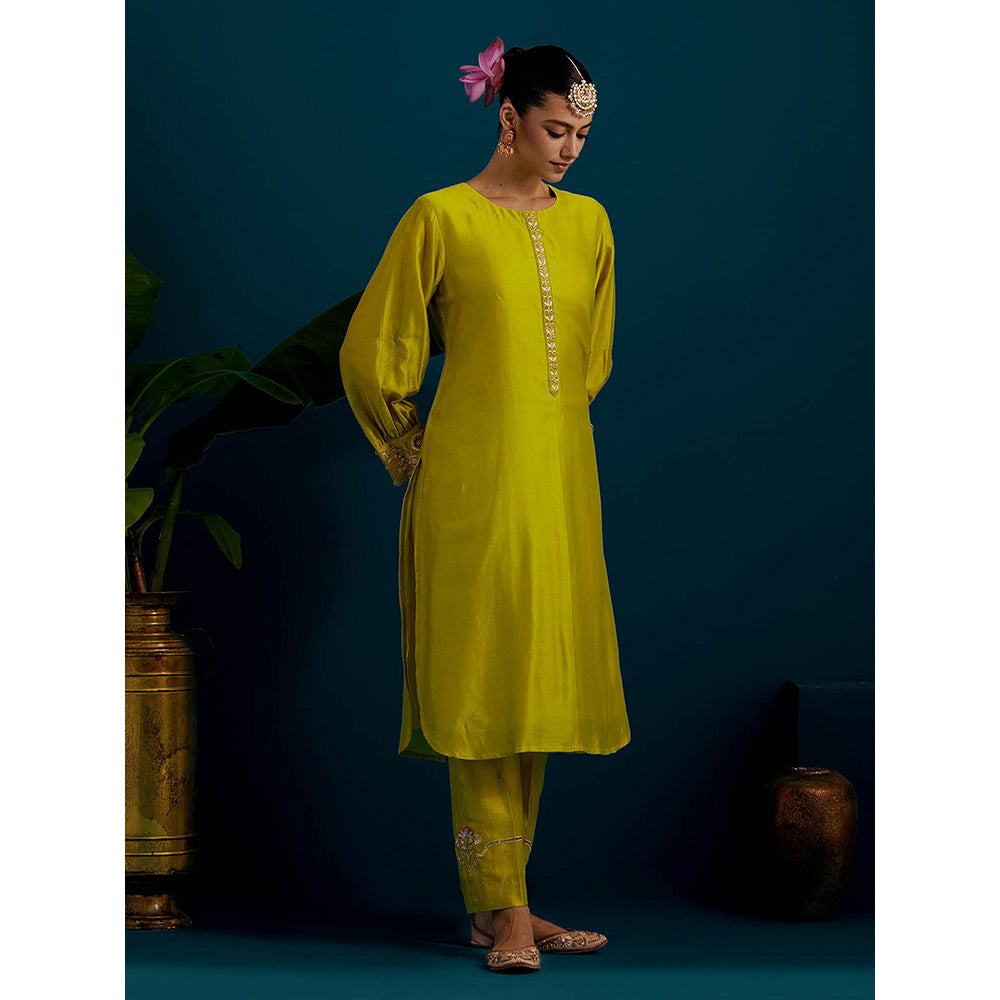 Anantaa by Roohi Trehan Lime Yellow Round Hem Kurta Back Motif with Pant (Set of 2)