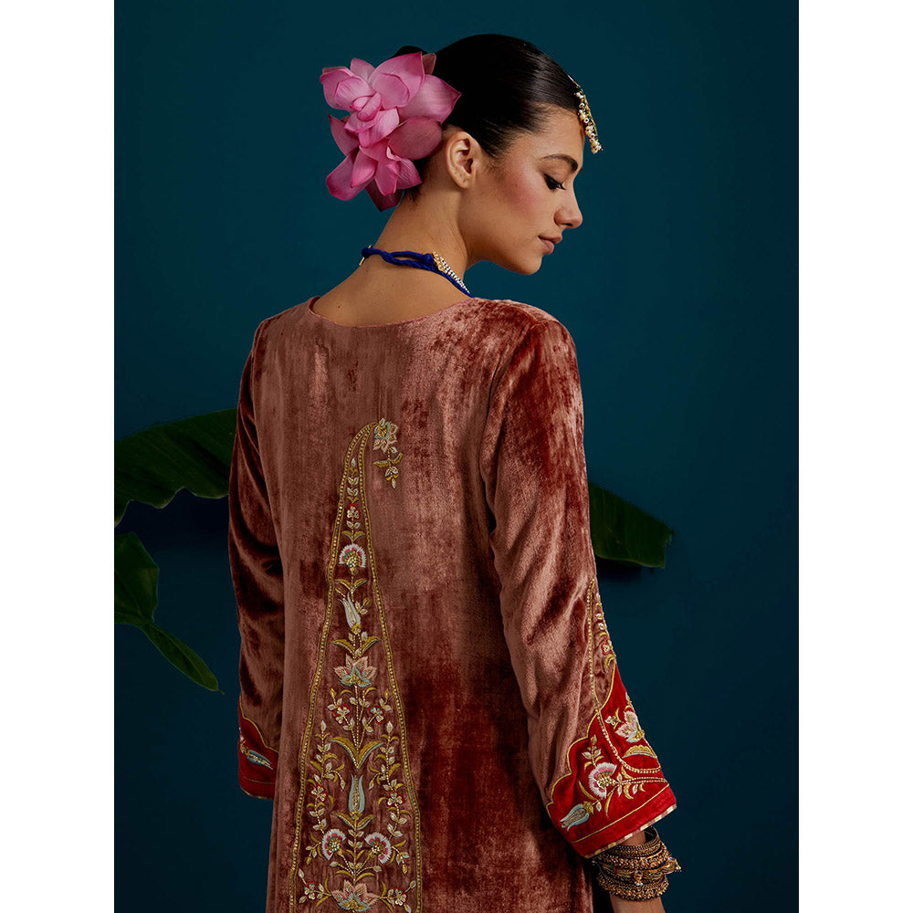Anantaa by Roohi Trehan Dull Brown Velvet Round Neck Kurta with Pant (Set of 2)