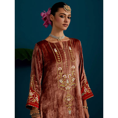 Anantaa by Roohi Trehan Dull Brown Velvet Round Neck Kurta with Pant (Set of 2)