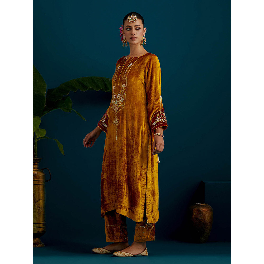 Anantaa by Roohi Trehan Mustard Orange Velvet Round Neck Kurta with Pant (Set of 2)