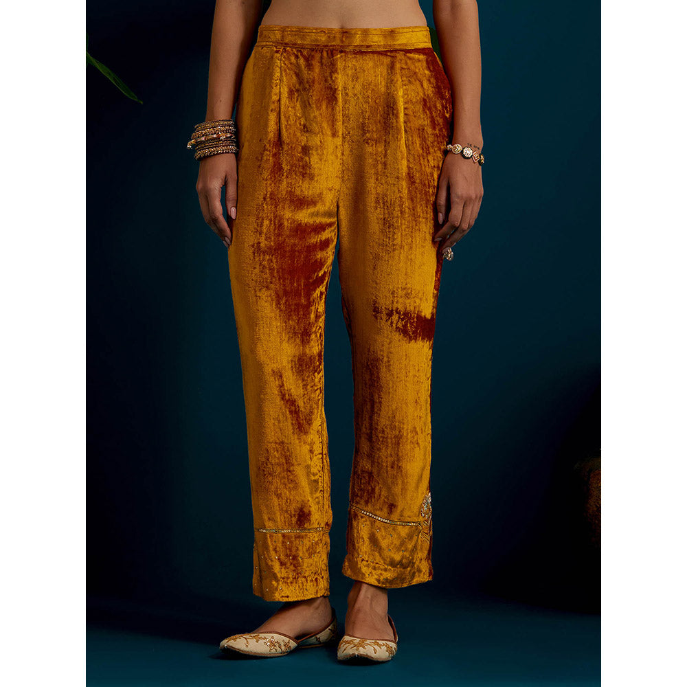 Anantaa by Roohi Trehan Mustard Orange Velvet Round Neck Kurta with Pant (Set of 2)