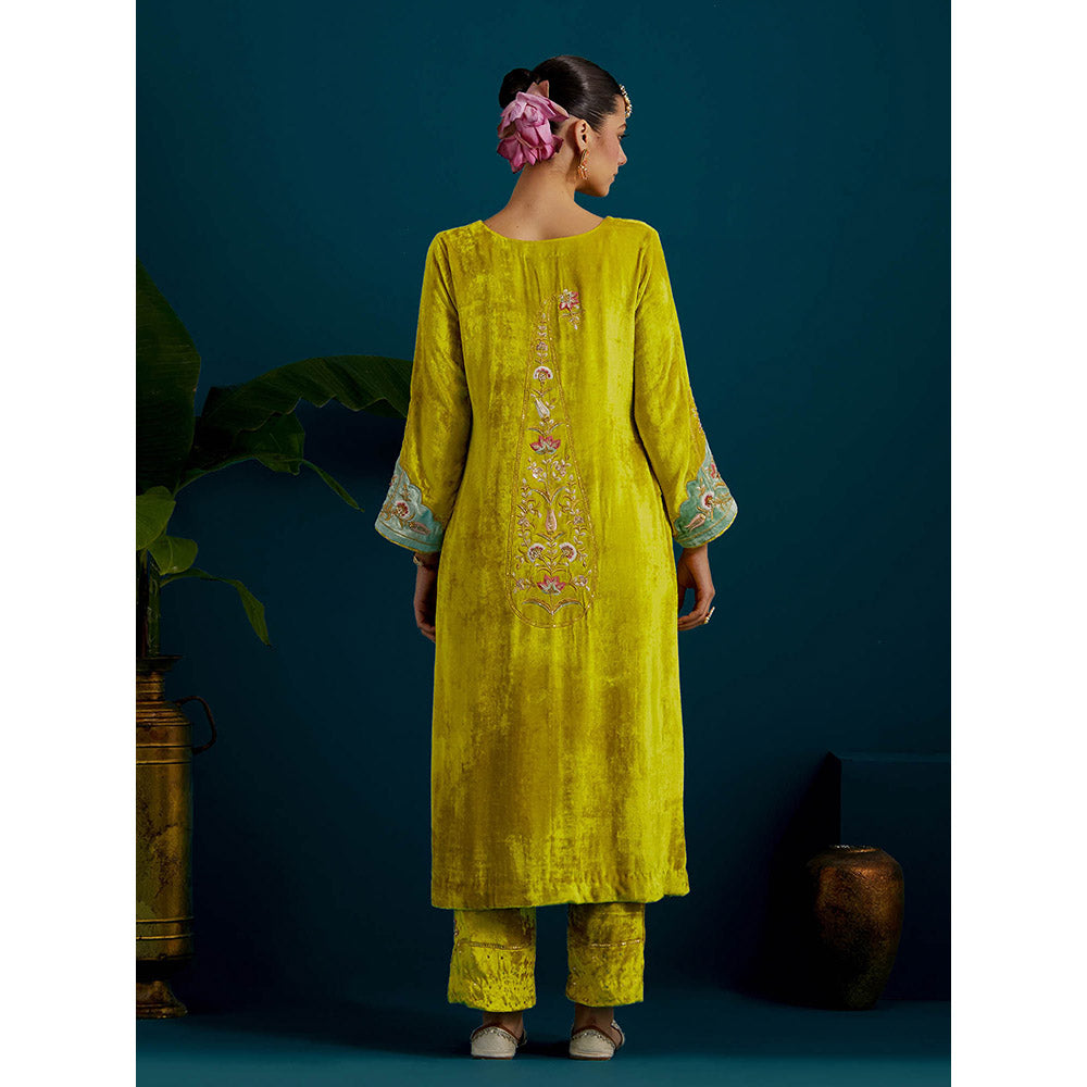 Anantaa by Roohi Trehan Lime Yellow Velvet Round Neck Kurta with Pant (Set of 2)