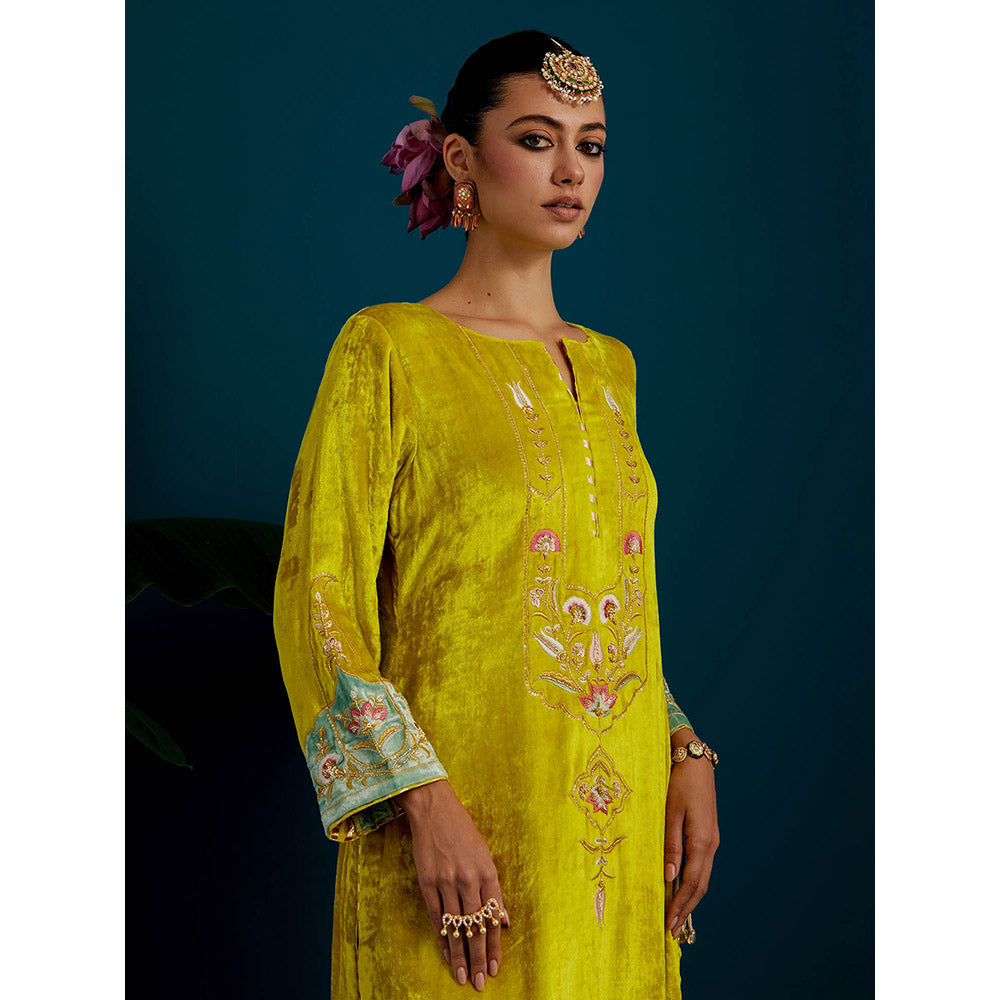 Anantaa by Roohi Trehan Lime Yellow Velvet Round Neck Kurta with Pant (Set of 2)