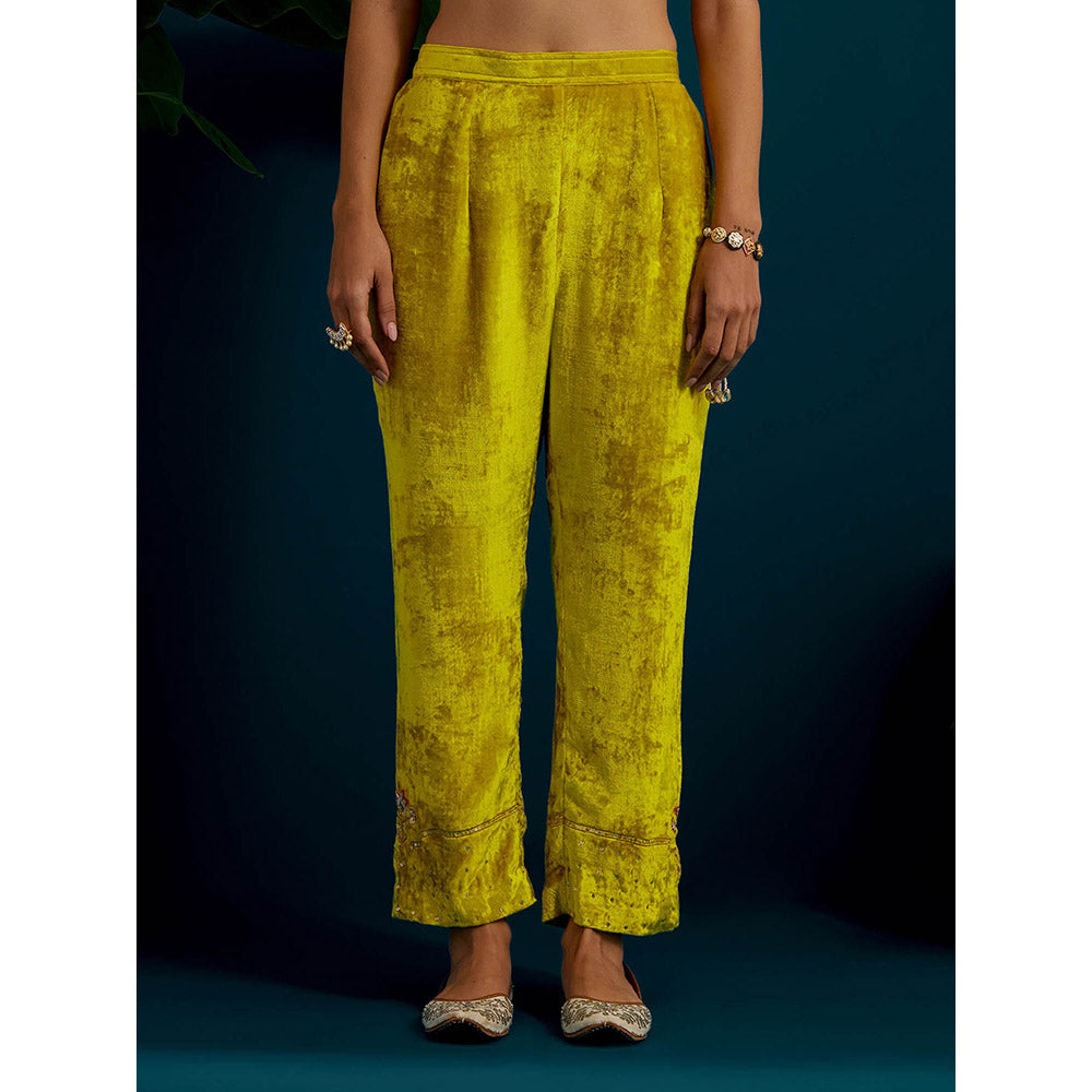 Anantaa by Roohi Trehan Lime Yellow Velvet Round Neck Kurta with Pant (Set of 2)
