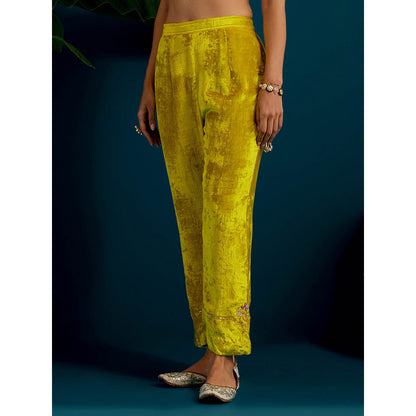 Anantaa by Roohi Trehan Lime Yellow Velvet Round Neck Kurta with Pant (Set of 2)
