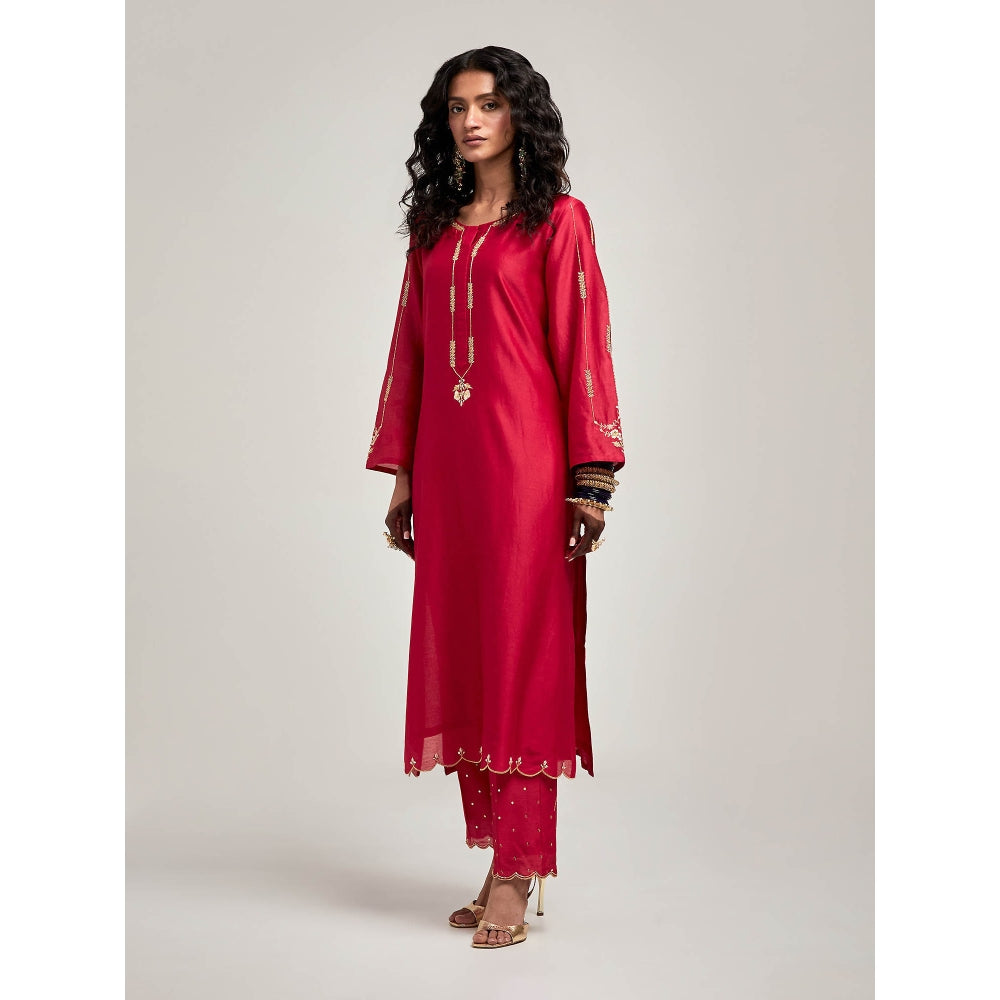 Anantaa by Roohi Trehan Embroidered Scalloped Hem Kurta with Pant - Maroon