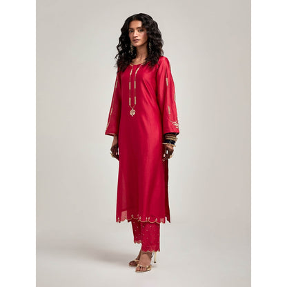 Anantaa by Roohi Trehan Embroidered Scalloped Hem Kurta with Pant - Maroon