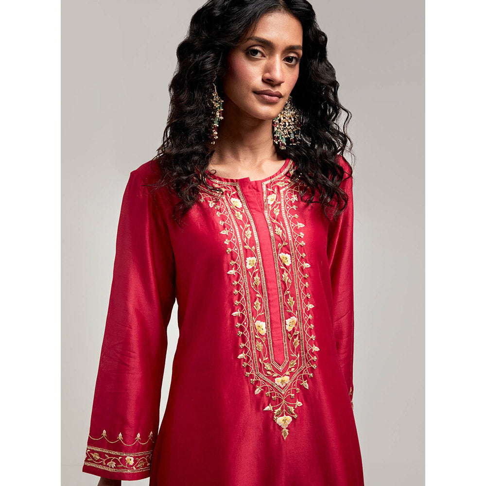 Anantaa by Roohi Trehan Embroidered Placket Kurta with Pant - Maroon
