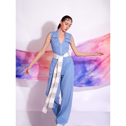 AN'ERA BY ASMITA VERMA Blue Skyline Jumpsuit with Belt