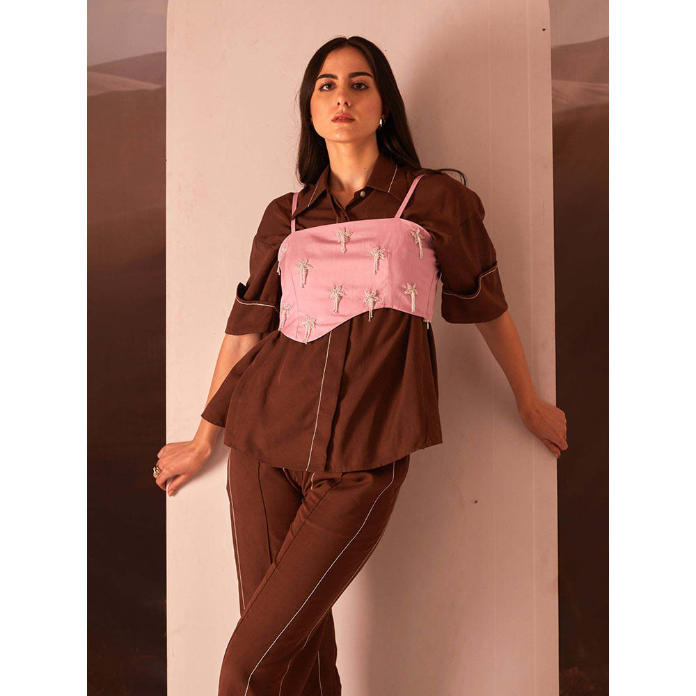 AN'ERA BY ASMITA VERMA Brown Glory Bustier with Shirt and Pant (Set of 3)