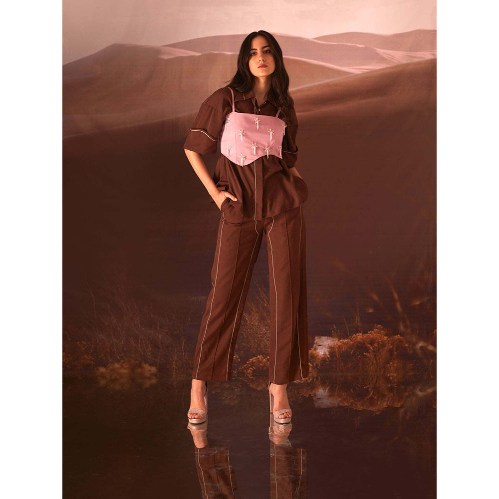 AN'ERA BY ASMITA VERMA Brown Glory Bustier with Shirt and Pant (Set of 3)