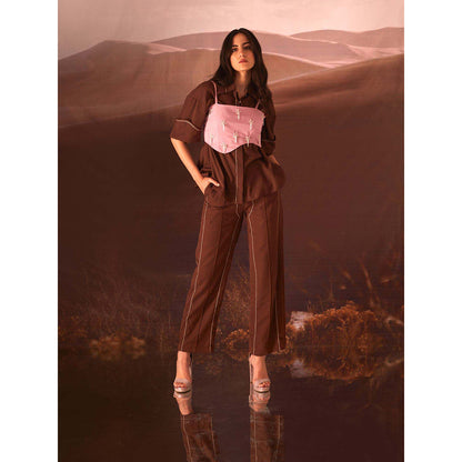 AN'ERA BY ASMITA VERMA Brown Glory Bustier with Shirt and Pant (Set of 3)