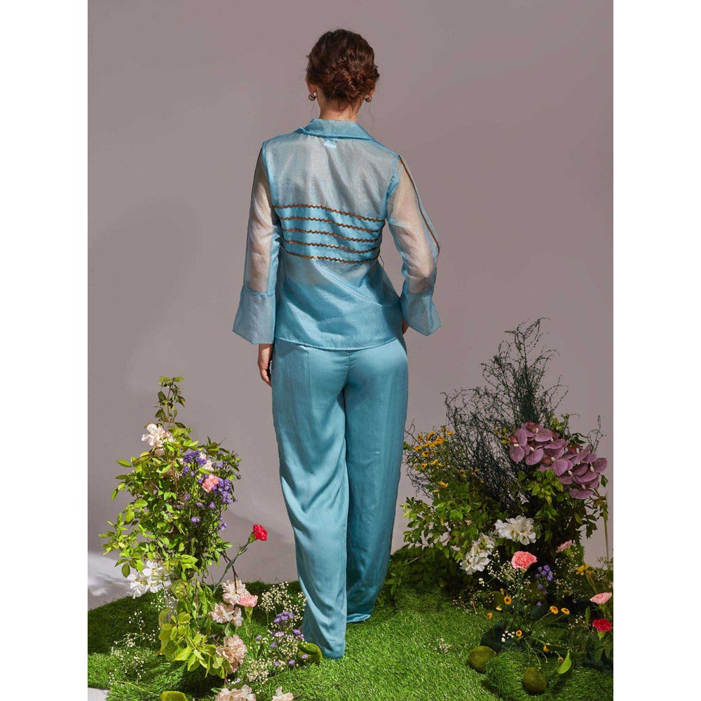 AN'ERA BY ASMITA VERMA Aqua Nora Jacket with Pant and Belt (Set of 3)