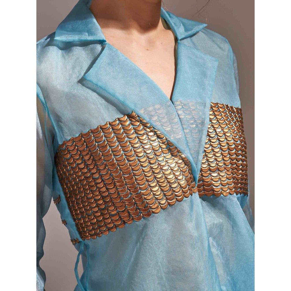 AN'ERA BY ASMITA VERMA Aqua Nora Jacket with Pant and Belt (Set of 3)