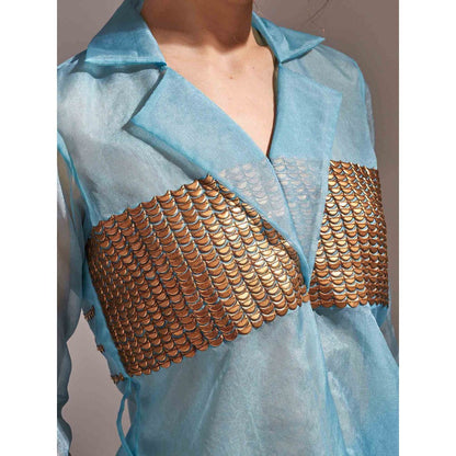 AN'ERA BY ASMITA VERMA Aqua Nora Jacket with Pant and Belt (Set of 3)