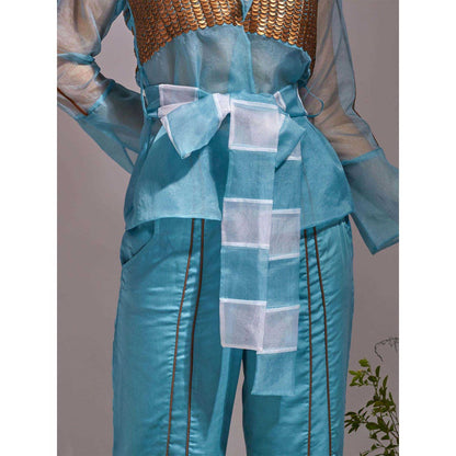 AN'ERA BY ASMITA VERMA Aqua Nora Jacket with Pant and Belt (Set of 3)