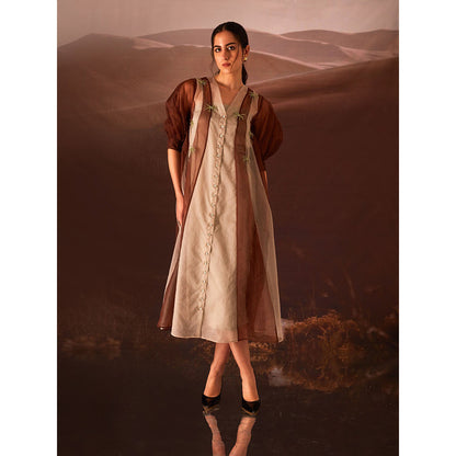 AN'ERA BY ASMITA VERMA Clover Brown Embroidered Dress and Slip (Set of 2)