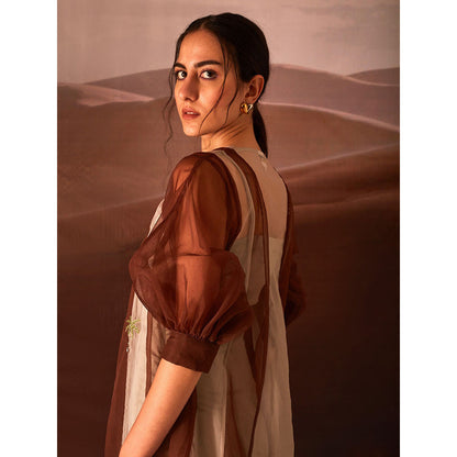 AN'ERA BY ASMITA VERMA Clover Brown Embroidered Dress and Slip (Set of 2)