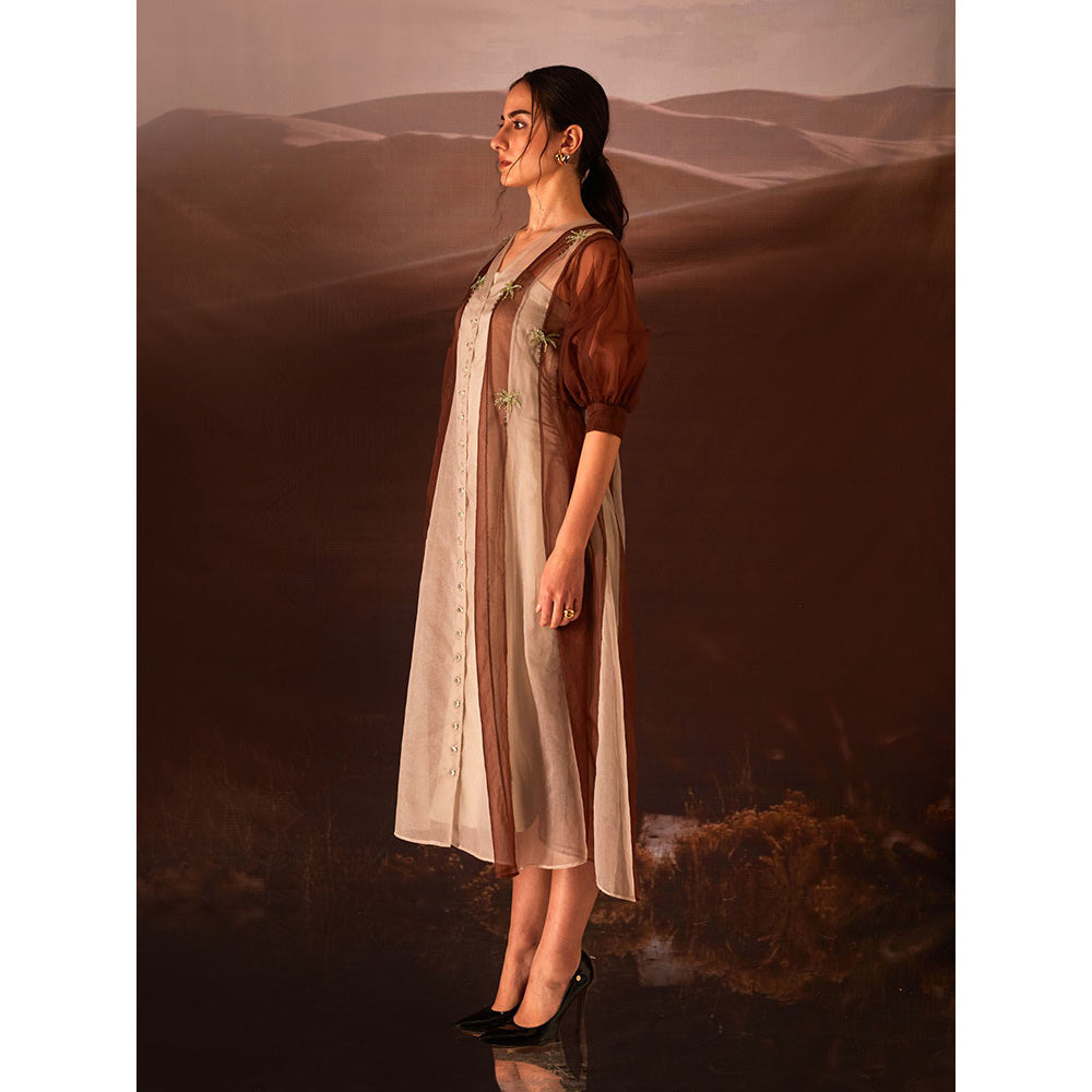 AN'ERA BY ASMITA VERMA Clover Brown Embroidered Dress and Slip (Set of 2)
