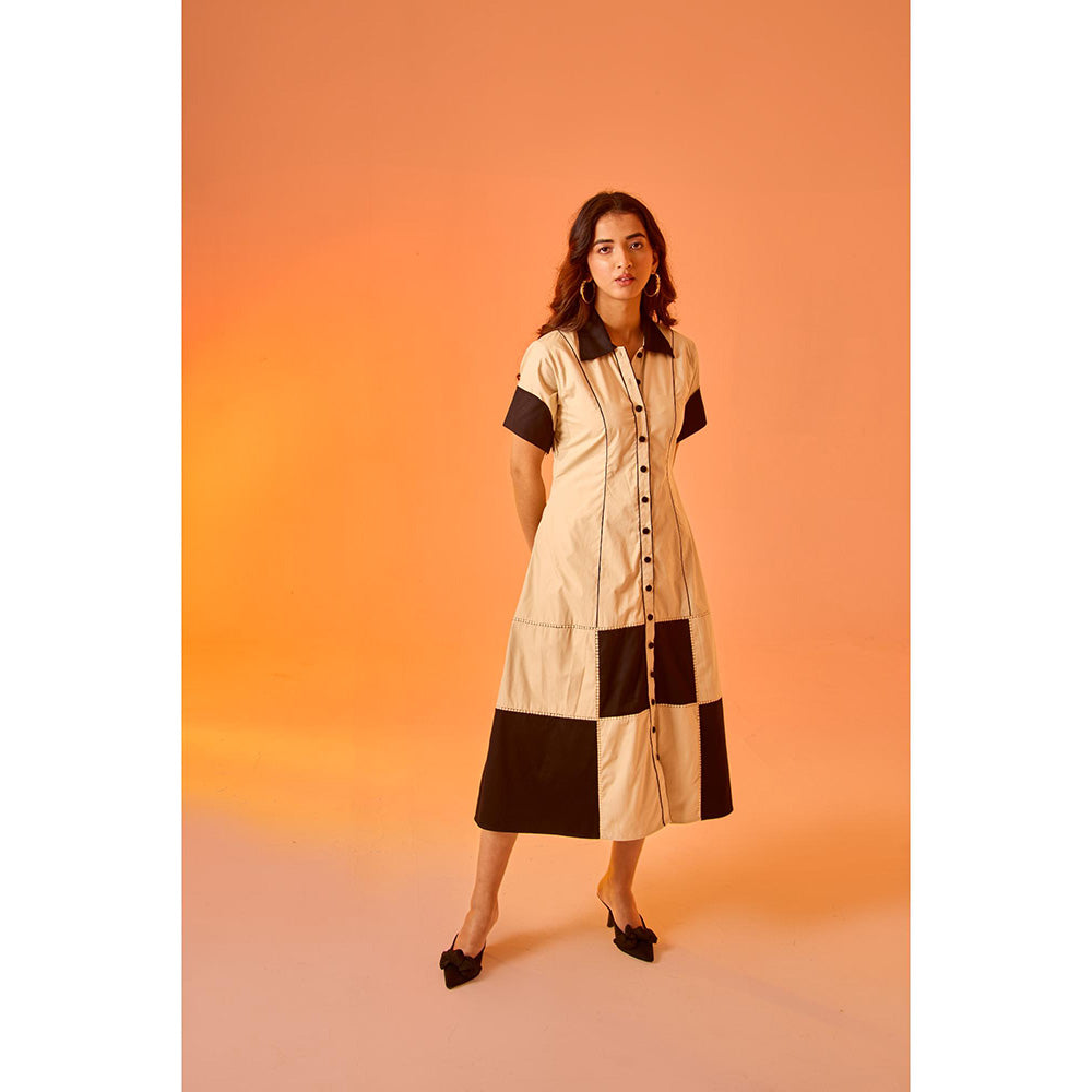 AN'ERA BY ASMITA VERMA Brown Colo Block Checkmate Midi Dress