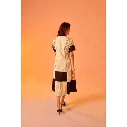 AN'ERA BY ASMITA VERMA Brown Colo Block Checkmate Midi Dress