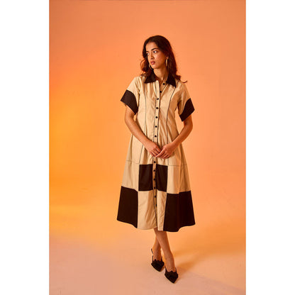 AN'ERA BY ASMITA VERMA Brown Colo Block Checkmate Midi Dress