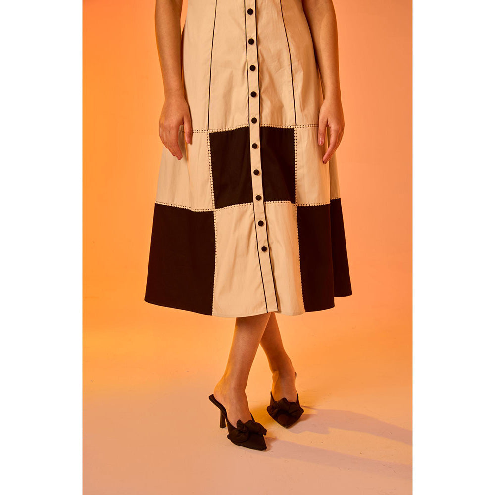 AN'ERA BY ASMITA VERMA Brown Colo Block Checkmate Midi Dress