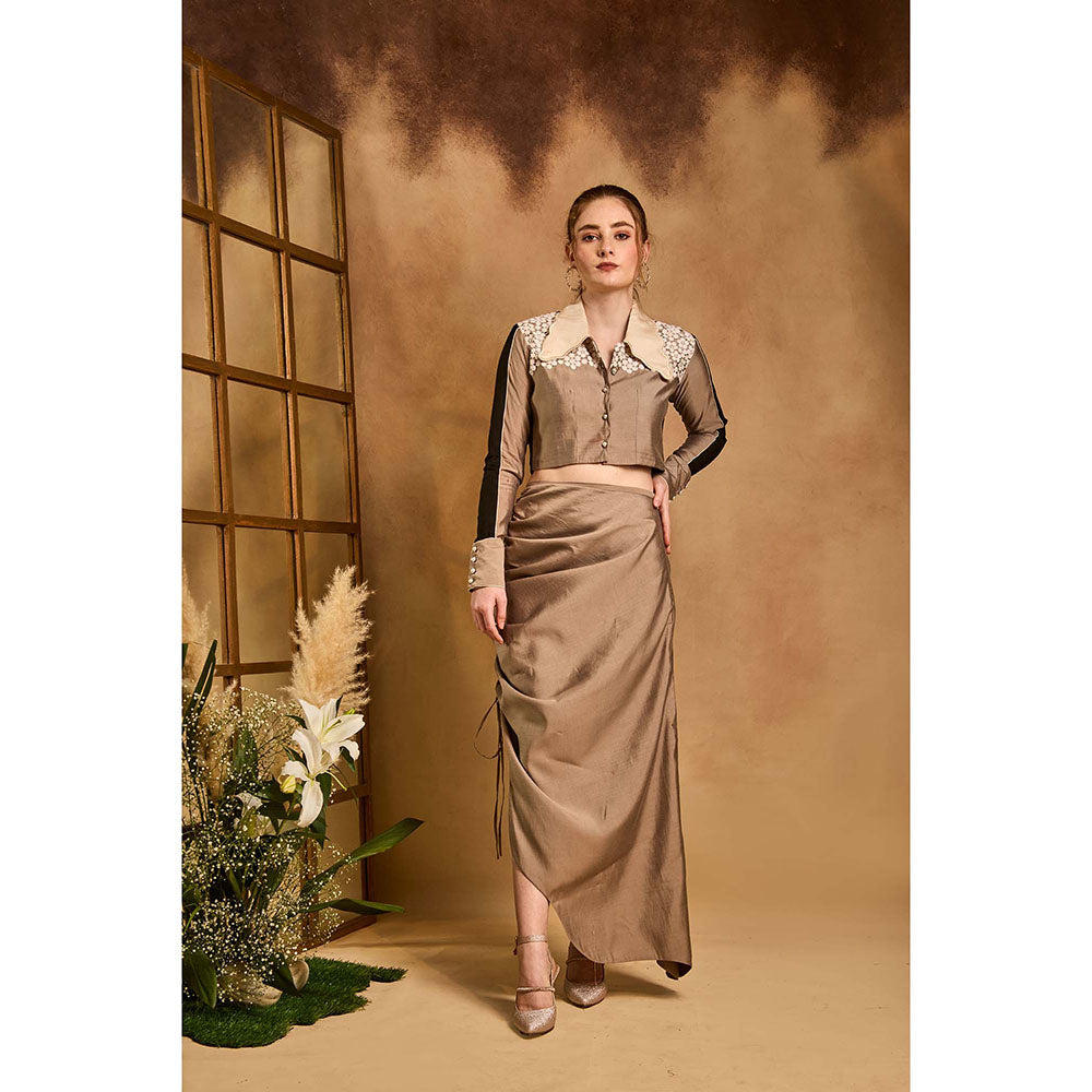 AN'ERA BY ASMITA VERMA Beige Orchid Crop Shirt with Skirt