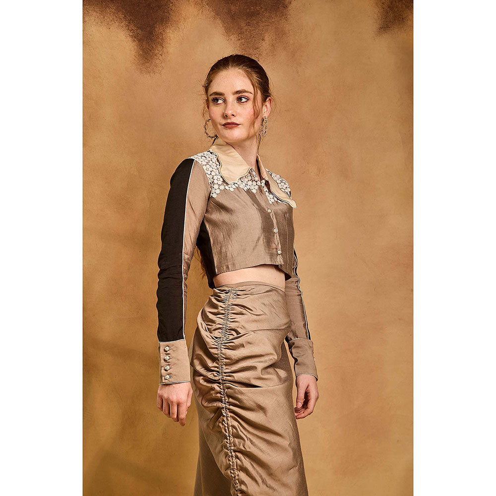 AN'ERA BY ASMITA VERMA Beige Orchid Crop Shirt with Skirt