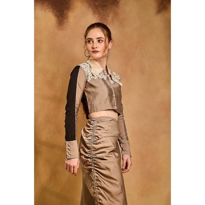 AN'ERA BY ASMITA VERMA Beige Orchid Crop Shirt with Skirt