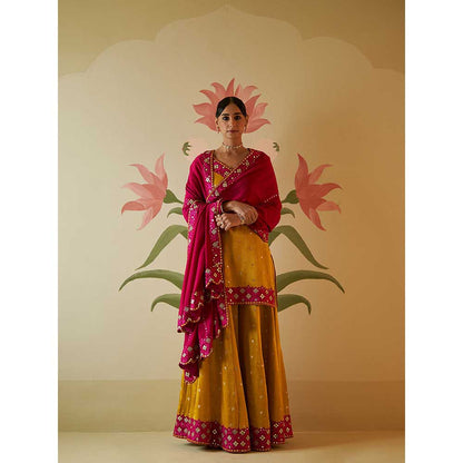 ANGAD SINGH Mustard Satin Silk Sharara with Kurti & Dupatta (Set of 3)