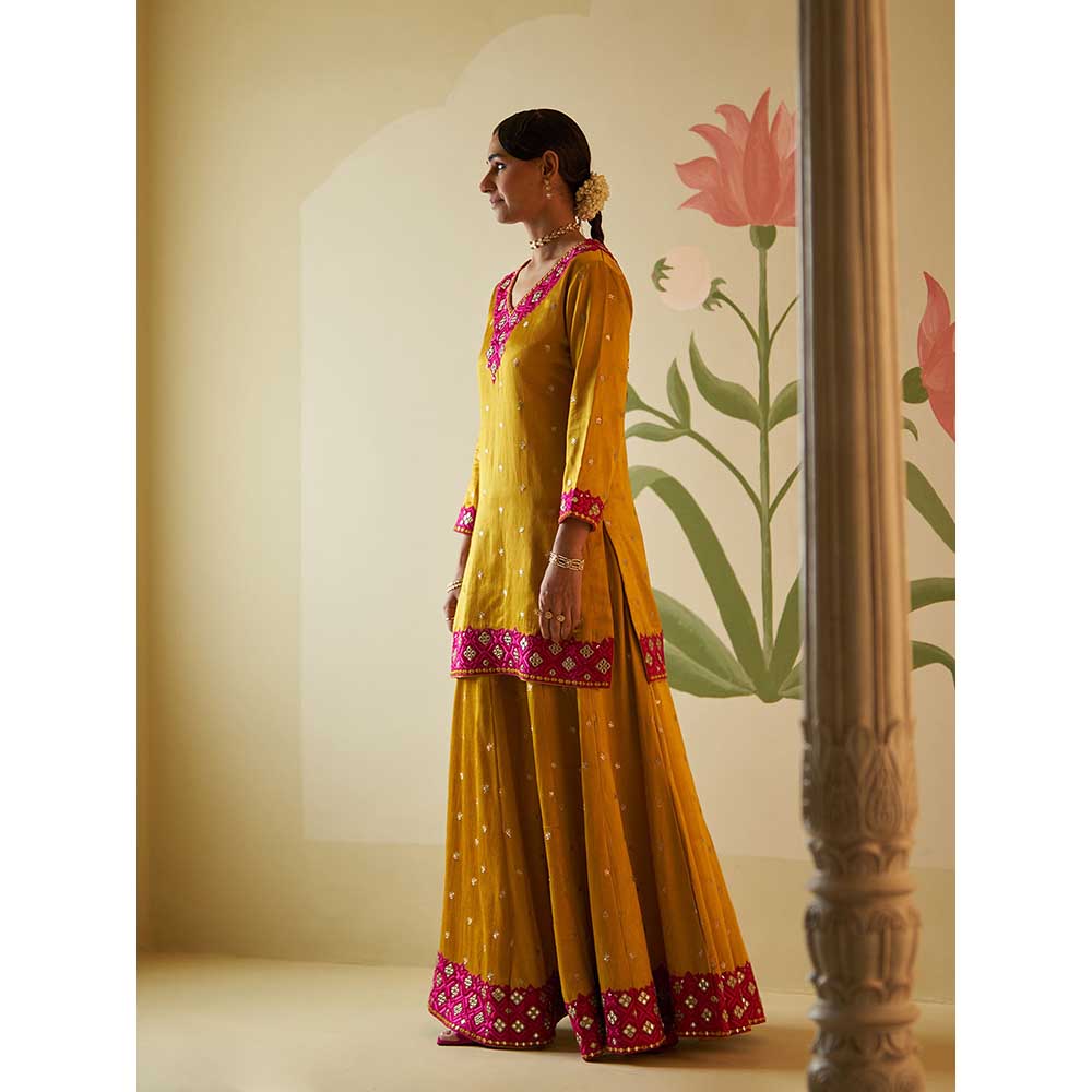 ANGAD SINGH Mustard Satin Silk Sharara with Kurti & Dupatta (Set of 3)