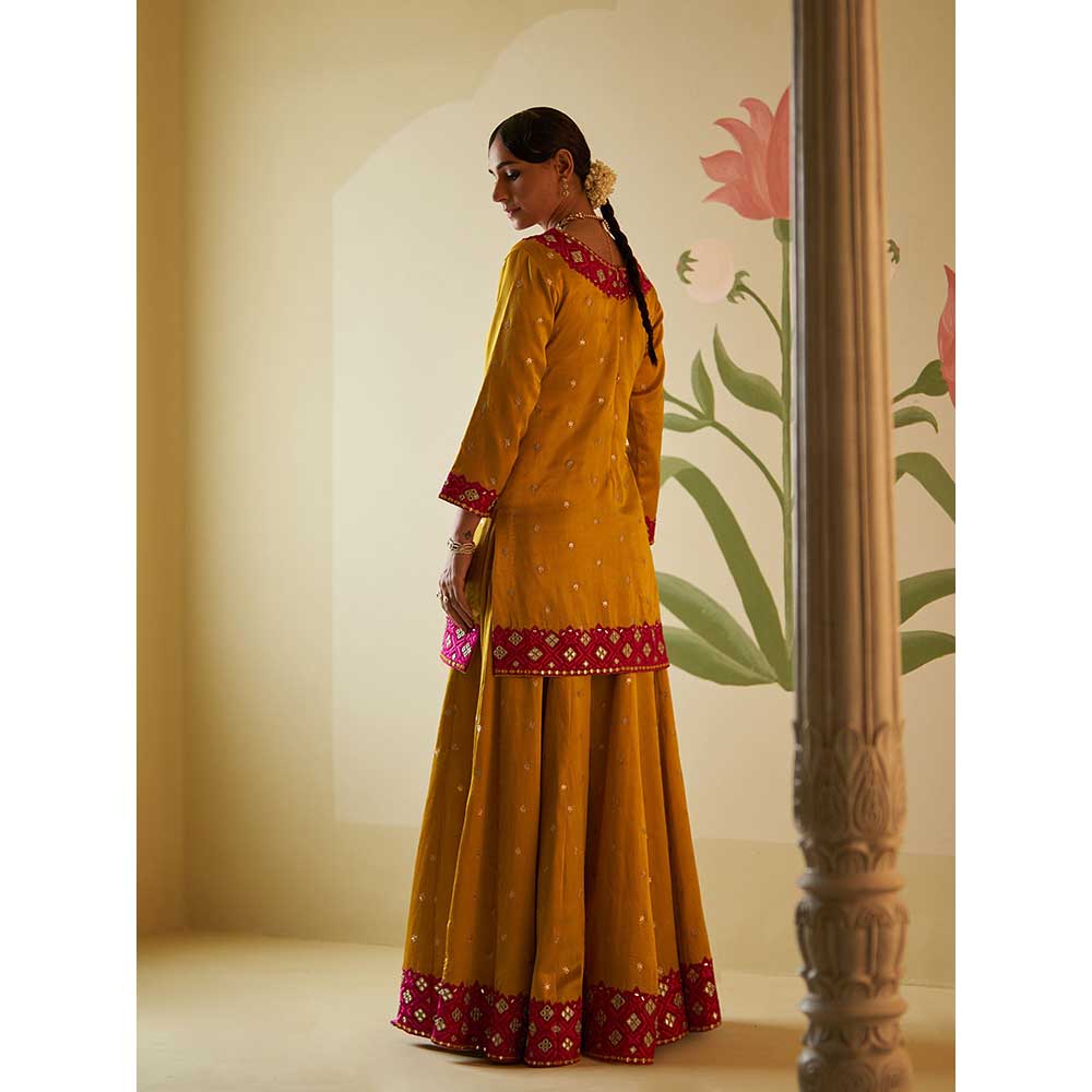 ANGAD SINGH Mustard Satin Silk Sharara with Kurti & Dupatta (Set of 3)