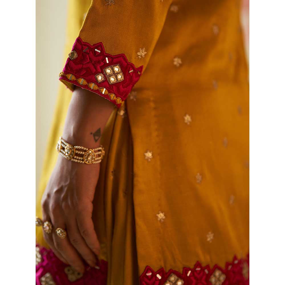 ANGAD SINGH Mustard Satin Silk Sharara with Kurti & Dupatta (Set of 3)