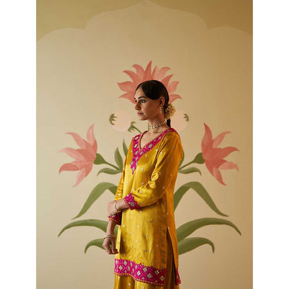 ANGAD SINGH Mustard Satin Silk Sharara with Kurti & Dupatta (Set of 3)