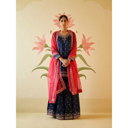 ANGAD SINGH Mid Night Blue Satin Silk Sharara with Kurti & Dupatta (Set of 3)