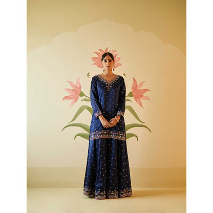 ANGAD SINGH Mid Night Blue Satin Silk Sharara with Kurti & Dupatta (Set of 3)