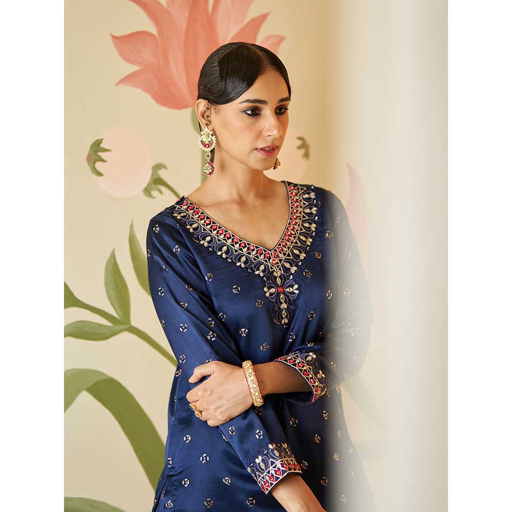 ANGAD SINGH Mid Night Blue Satin Silk Sharara with Kurti & Dupatta (Set of 3)