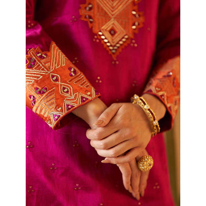 ANGAD SINGH Crimson Satin Silk Sharara with Kurti & Dupatta (Set of 3)