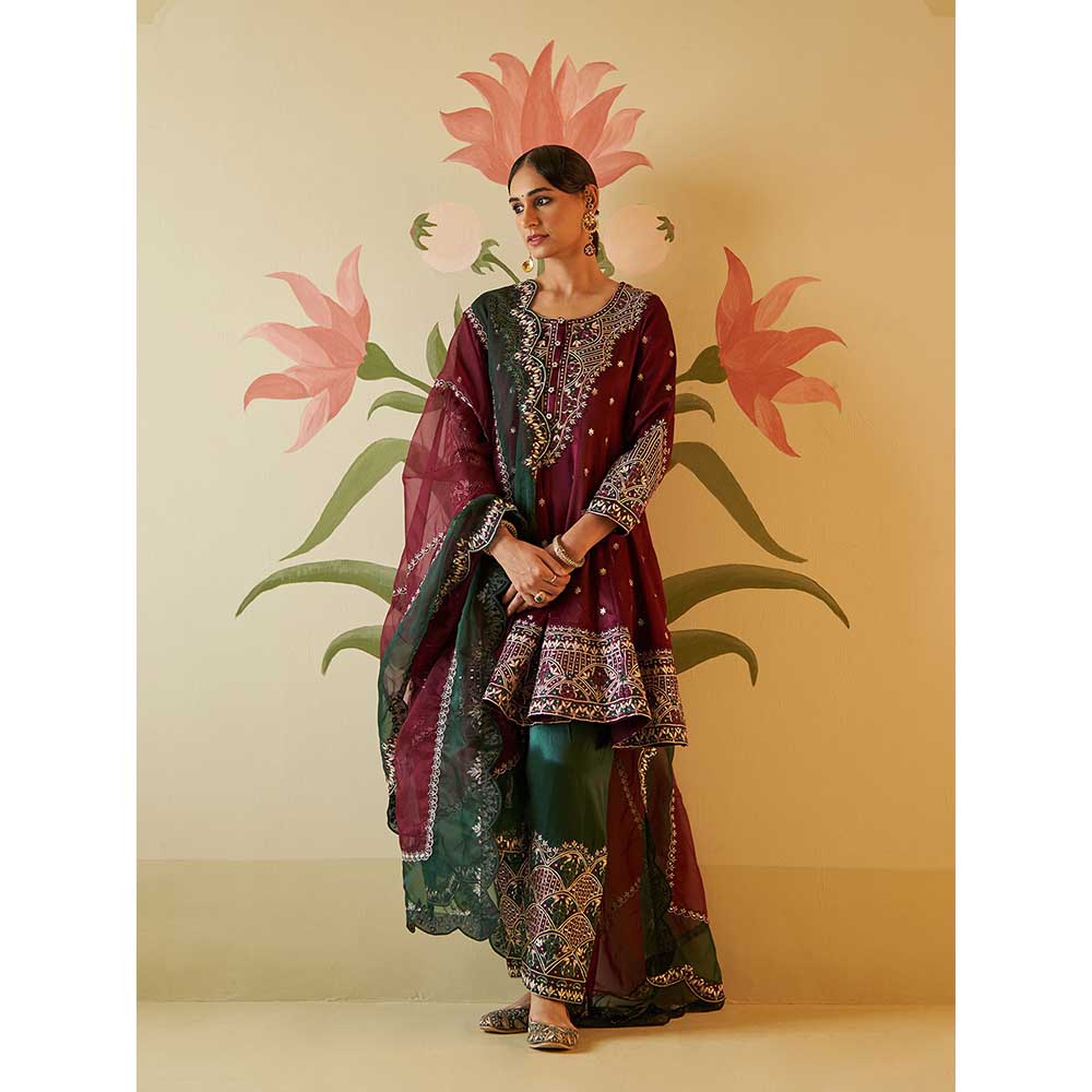 ANGAD SINGH Wine Satin Silk Anarkali Kurta with Pant & Dupatta (Set of 3)