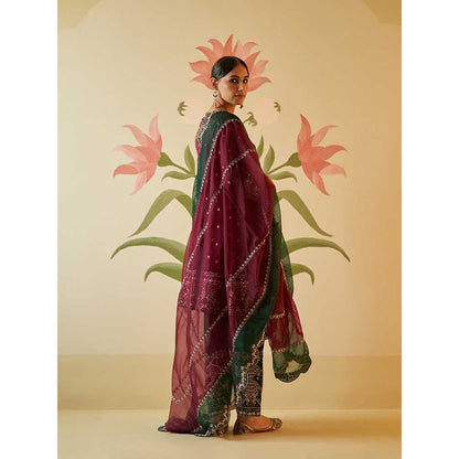 ANGAD SINGH Wine Satin Silk Anarkali Kurta with Pant & Dupatta (Set of 3)