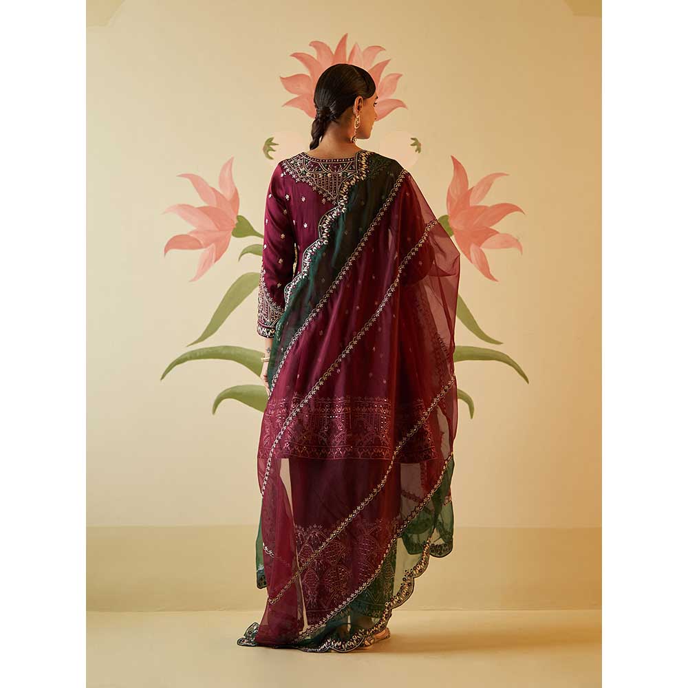 ANGAD SINGH Wine Satin Silk Anarkali Kurta with Pant & Dupatta (Set of 3)