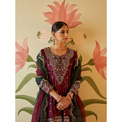 ANGAD SINGH Wine Satin Silk Anarkali Kurta with Pant & Dupatta (Set of 3)
