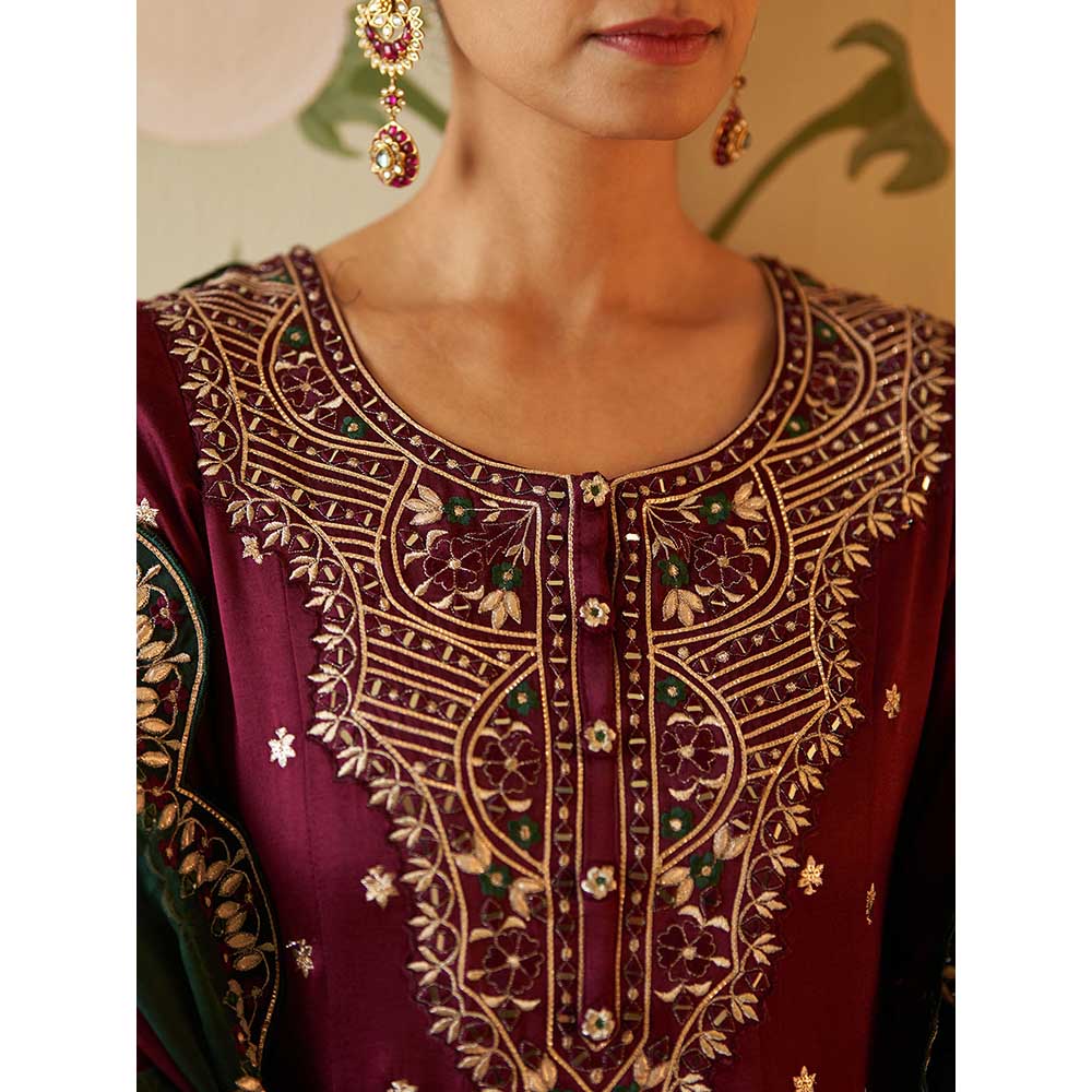 ANGAD SINGH Wine Satin Silk Anarkali Kurta with Pant & Dupatta (Set of 3)