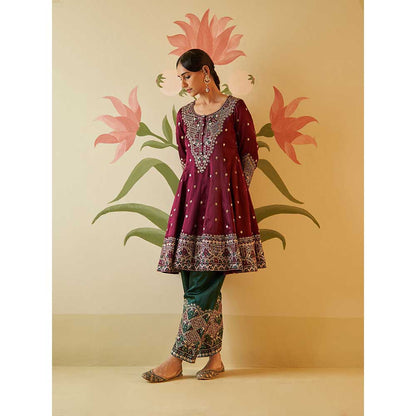 ANGAD SINGH Wine Satin Silk Anarkali Kurta with Pant & Dupatta (Set of 3)