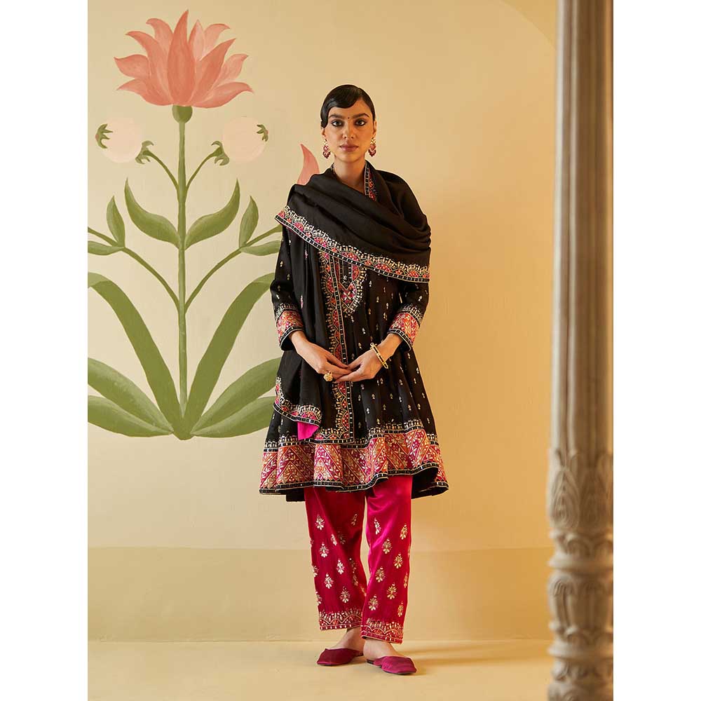 ANGAD SINGH Black Satin Silk Anarkali Kurta with Pant & Dupatta (Set of 3)