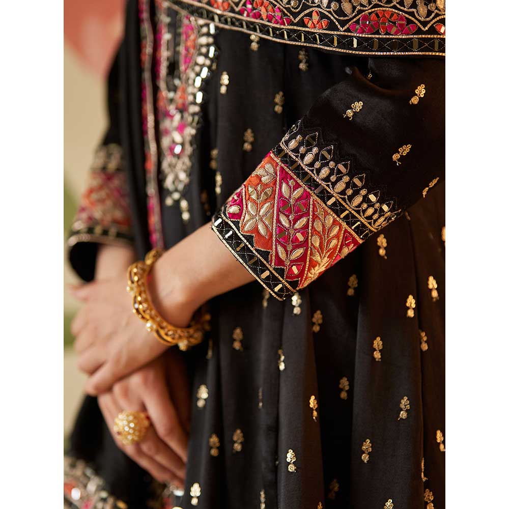 ANGAD SINGH Black Satin Silk Anarkali Kurta with Pant & Dupatta (Set of 3)